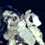  1boy 1girl christine_daae closed_eyes erik_(phantom_of_the_opera) eyeshadow gloves greyscale long_hair makeup mask monochrome nu_thebarbiemax parted_lips phantom_of_the_opera short_hair 