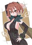  1girl arm_up black_dress black_sleeves blush border breasts brown_background brown_eyes brown_hair cleavage cleavage_cutout closed_mouth clothing_cutout commentary cowboy_shot detached_sleeves dress hair_between_eyes hand_on_own_hip highres large_breasts looking_at_viewer majo_to_hyakkihei malia outline outside_border short_hair sleeveless sleeveless_dress smile solo suaman white_border white_outline 