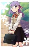  azumakuro bag bookbag fate/stay_night fate_(series) hair_ribbon homurahara_academy_uniform long_hair matou_sakura purple_eyes purple_hair ribbon school_uniform 