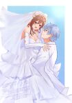  1boy 1girl atelier_(series) atelier_ryza atelier_ryza_3 bare_shoulders blue_background blush border bos_brunnen breasts brown_eyes brown_hair carrying carrying_person cleavage cowboy_shot dress fang grey_hair highres jacket kaninoko large_breasts reisalin_stout simple_background suit veil wedding_dress white_border white_dress white_jacket white_suit 