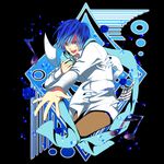  black_background blue_eyes blue_hair blue_scarf kairi_(oro-n) kaito male_focus nail_polish open_mouth outstretched_hand scarf solo vocaloid 