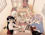  5girls apron bag bang_dream! bang_dream!_it&#039;s_mygo!!!!! black_pants blush brown_hair calendar_(object) cellphone chihaya_anon chopsticks cup drink food highres hood hoodie kaname_raana long_hair long_sleeves multiple_girls music nagasaki_soyo neonfloyd pants pen phone pillow pink_hair plate purple_eyes purple_hair shiina_taki shirt short_hair singing sitting sleeves_rolled_up takamatsu_tomori tears wariza white_hair 