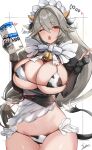  1girl alexandrina_sebastiane animal_ears animal_print bell bikini black_gloves breasts commentary_request cow_ears cow_horns cow_print cow_print_bikini cow_tail cowbell curvy elbow_gloves fake_animal_ears fake_horns fake_tail gloves grey_hair hair_ornament highres holding holding_milk_carton horns huge_breasts letter_hair_ornament long_hair maid maid_headdress midriff milk_carton multiple_girls navel one_eye_closed open_mouth paid_reward_available partially_fingerless_gloves print_bikini red_eyes sessue solo swimsuit tail thick_thighs thighs very_long_hair zenless_zone_zero 