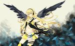  absurdres blonde_hair blue_eyes boots headphones highres lily_(vocaloid) long_hair midriff navel skirt smile solo sya_(north_to_antarctic) thigh_boots thighhighs very_long_hair vocaloid wings 