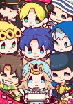  1girl 6+boys battle_tendency beanie birthday_cake black_coat black_hair blonde_hair blue_eyes blue_hair blue_hat blue_hood blue_hoodie booklet brooch cake chibi chibi_only closed_eyes coat commentary diamond_wa_kudakenai drooling english_commentary family father_and_daughter father_and_son flower food gakuran giorno_giovanna gloves grandfather_and_grandson green_eyes green_gloves green_hair green_scarf green_shirt grey_hair hat heart heart_brooch higashikata_josuke higashikata_josuke_(jojolion) highres hood hood_down hood_up hoodie horseshoe_hat_ornament horseshoe_ornament jewelry jodio_joestar johnny_joestar jojo_no_kimyou_na_bouken jojolion jonathan_joestar joseph_joestar joseph_joestar_(young) kepi kujo_jolyne kujo_jotaro long_bangs m_a_a_m_8 male_focus medium_hair military_hat multicolored_hair multiple_boys peace_symbol petals phantom_blood pink_flower pink_rose pompadour rose sailor sailor_collar sailor_hat scarf school_uniform shirt smile star_(symbol) star_print stardust_crusaders steel_ball_run stone_mask_(jojo) stone_ocean striped_clothes striped_scarf the_jojolands time_paradox two-tone_hair vento_aureo white_flower yellow_scarf zipper zipper_pull_tab 