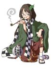  1girl bottle brown_eyes brown_hair brown_sandals checkered_clothes checkered_scarf commentary_request full_body futatsuiwa_mamizou glasses green_kimono highres inuno_rakugaki japanese_clothes kimono leaf leaf_on_head long_hair long_sleeves looking_at_viewer pants parted_bangs red_pants sake_bottle sandals scarf simple_background sitting smoking smoking_pipe socks solo tabi touhou white_background white_socks wide_sleeves zouri 