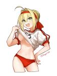  1girl ahoge blonde_hair braid braided_bun breasts buruma clothes_lift cropped_legs fate/grand_order fate_(series) green_eyes hair_bun hair_intakes hairband highres large_breasts navel nero_claudius_(fate) nero_claudius_(olympian_bloomers)_(fate) nipple_slip nipples official_alternate_costume red_buruma red_hairband shirt shirt_lift short_hair simple_background solo stomach sweat thighs twitter_username very_sweaty white_background white_shirt zhang5180 