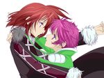  1boy 1girl brother_and_sister coat fur harold_berselius karell_berselius miko_embrace parody pink_hair purple_eyes red_hair short_hair siblings tales_of_(series) tales_of_destiny_2 