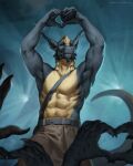 abs anthro belly belt biceps bodily_fluids bottomwear cheek_horns chin_horn claws clothing concert concert_stage crying dragon ear_piercing ear_ring electronics ernesto_(rebeldragon101) facial_horn gesture gold_(metal) gold_jewelry guitar guitar_strap heart_gesture hi_res honovy horn jewelry kilt long_ears looking_away male microphone muscular muscular_anthro muscular_male musical_instrument mythological_creature mythological_scalie mythology navel pecs piercing plucked_string_instrument raised_arms ring_piercing scalie smile solo string_instrument tears tears_of_joy tears_on_cheek
