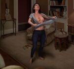 absurd_res an_american_werewolf_in_london barefoot black_hair bodily_fluids book bookshelf bottomwear breasts canid canine carpet carpet_floor chair claw_marks clothed clothing denim denim_bottomwear denim_clothing disney feet female furniture grey_clothing grey_shirt grey_topwear hair hi_res human jeans liminalbean living_room mammal mickey_mouse mirror mythological_canine mythological_creature mythology navel nipples pants scar shirt solo species_transformation sweat table tearing_clothing topwear torn_clothing torn_shirt torn_topwear transformation undressing werecanid werecanine werecreature werewolf