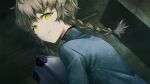  1girl amane_suzuha blue_jacket blurry blurry_background braid briefcase brown_hair from_behind from_below game_cg hair_between_eyes hair_tie high_collar highres holding holding_briefcase huke jacket light_smile long_sleeves looking_at_viewer looking_back official_art orange_stripes ringed_eyes shiny_lips smile solo square_pupils steins;gate steins;gate:_linear_bounded_phenogram track_jacket twin_braids twintails yellow_eyes zipper zipper_pull_tab 