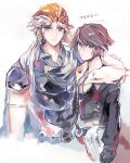  2boys armor asazuke_(rocca0w0) bandana black_gloves black_jacket brown_hair closed_mouth dissidia_final_fantasy earrings final_fantasy final_fantasy_ii final_fantasy_viii firion fur-trimmed_jacket fur_trim gem gloves grey_hair in-franchise_crossover jacket jewelry long_hair male_focus multiple_boys orange_bandana ponytail red_gemstone short_hair squall_leonhart standing 