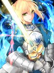  ahoge armor armored_dress artoria_pendragon_(all) blonde_hair command_spell dress excalibur fate/zero fate_(series) gauntlets glowing glowing_weapon green_eyes saber sim1 solo sword weapon 