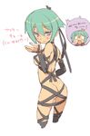  aquarion_(series) aquarion_evol ass bad_id bad_pixiv_id blade_(galaxist) blush breasts chibi covered_nipples green_hair grin hair_ribbon medium_breasts naked_ribbon personality_switch purple_eyes revealing_clothes ribbon short_hair smile solo tears translated uneven_eyes zessica_wong 