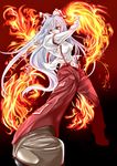  bow fire fujiwara_no_mokou hair_bow hayase_kento highres long_hair navel no_panties pants red_eyes shirt silver_hair solo suspenders touhou very_long_hair 