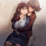  1boy 1girl akizuki_ritsuko akizuki_ryo antenna_hair arm_under_breasts arms_behind_back black_pantyhose blazer blue_jacket blue_skirt blush bound bra_visible_through_clothes braid breasts brown_eyes brown_hair chiaki_rakutarou cleavage closed_eyes cousins finger_to_another&#039;s_mouth glasses hetero highres hug hug_from_behind idolmaster idolmaster_(classic) idolmaster_dearly_stars incest jacket large_breasts otoko_no_ko pantyhose pencil_skirt red_jacket restrained scrunchie short_hair skirt standing tape tape_bondage torn_clothes torn_pantyhose 