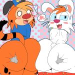absurd_res ambiguous_gender anthro ass_to_ass bedroom_eyes belt black_belt black_ears blue_background blue_clothing blue_hat blue_headwear blue_outline blue_sclera blue_topwear blush blush_stickers bobcat bonkers_(series) bonkers_d._bobcat bottomless bottomwear bow_tie bow_tie_only bubble_butt butt butt_grab cheek_tuft clothed clothing clothing_pull digital_media_(artwork) disembodied_hand disney dotted_background duo_focus exclamation_point facial_tuft fangs felid feline floppy_ears fur group hair half-closed_eyes hand_on_butt hat head_tuft headgear headwear heart_symbol hi_res lagomorph leporid long_ears long_sleeves lynx male male/ambiguous male/male mammal markings mooning mostly_nude narrowed_eyes open_mouth orange_body orange_fur orange_hair outline pants pattern_background pink_background pink_outline police police_hat police_uniform rabbit red_bottomwear red_clothing red_pants roger_rabbit seductive short_stack simple_background spots spotted_body spotted_cheeks spotted_fur striped_markings striped_tail stripes suspenders svenniehoek tail tail_markings teeth thick_thighs tongue tongue_out topwear trio tuft unbuttoned_pants uniform whiskers white_body white_eyes white_fur white_outline who_framed_roger_rabbit wide_hips