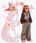  2girls ^_^ animal_ear_fluff animal_ears arielle_(cudlil) arrow_(symbol) artist_name belt black_belt black_hoodie brown_eyes character_name chibi chibi_inset closed_eyes coat corset cudlil dani_(cudlil) english_commentary fox_ears fox_tail full_body fur_coat grey_pants hair_behind_ear hair_between_eyes hands_in_pockets headphones headphones_around_neck high_heels highres hood hood_down hoodie horns kneehighs looking_at_viewer looking_to_the_side midriff_peek multiple_girls navel off_shoulder original pants parted_lips pink_background pleated_skirt pointy_ears red_shirt red_shoes shirt shoes skirt skull_print smile sneakers socks standing tail white_coat white_corset white_shoes white_skirt white_socks 