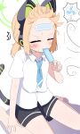  1girl ^^^ absurdres alternate_hairstyle animal_ear_headphones animal_ears aqua_necktie bare_legs barefoot black_shorts black_tail blonde_hair blue_archive blush buttons cat_ear_headphones cat_ears cat_tail closed_eyes cold_pack collared_shirt commentary electric_fan fake_animal_ears fake_tail fingernails floating_hair food food_in_mouth forehead green_halo halo hand_on_own_leg hand_up headphones highres holding holding_food holding_popsicle holding_stick knees_out_of_frame low_ponytail medium_hair melting_popsicle midori_(blue_archive) necktie no_jacket no_legwear ponytail popsicle popsicle_in_mouth popsicle_stick shadow shirt short_ponytail short_shorts short_sleeves shorts sidelocks simple_background sitting solo spiral_(udon) stick sweat sweatdrop tail tail_raised toes untucked_shirt v-shaped_eyebrows wariza white_background white_shirt wind 