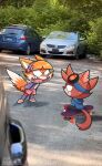 ajmarekart anthro bangs blue_eyes blunt_bangs brown_body brown_fur canid canine car clothing collar collar_tag dipstick_tail domestic_cat duo eyewear eyewear_on_head felid feline felis female fist fox freaking_out fur goggles goggles_on_head hatchback hi_res high_top_shoes hoodie male mammal markings murphy_(ajmarekart) murphy_and_mitzi narrowed_eyes notched_ear orange_body orange_fur photo_background photography_(artwork) pink_eyes sitting skateboard smug smug_face tail tail_markings taunting topwear vehicle vivian_(ajmarekart) white_body white_fur