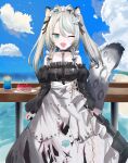  absurdres animal_ears black_sky braided_sidelocks cake cheek_rest copyright_request cross-laced_clothes cross-laced_sleeves dessert food frilled_straps fuzzy_clothes grey_nails grey_tail guren_(paara) highres hinamori_anthea holding holding_saucer indie indie_virtual_youtuber leopard_ears leopard_tail maid nata_(tool) red_pupils saucer sky snow_leopard_tail strawberry_shortcake tail teapot virtual wallpaper_(object) youtuber 
