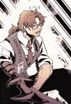  1boy animal_on_head arthropod_limbs beard_stubble belt black_vest brown_hair bug cockroach collared_shirt facial_hair glasses gregor_(project_moon) hair_tie highres id_card lcb_uniform_(project_moon) limbus_company low_ponytail male_focus mry_46 necktie on_head open_mouth ponytail project_moon red_necktie shirt sitting solo sparkle stubble sweatdrop vertical-striped_background vest white_shirt 
