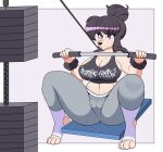absurd_res alys_faiblesse_(zelripheth) anthro arm_tuft big_breasts black_eyeshadow black_hair bodily_fluids breasts camel_toe canid canine canis cleavage clothed clothing domestic_dog exercise eyebrow_piercing eyeshadow facial_piercing female gym hair hi_res leggings legwear makeup mammal piercing poodle purple_eyes shirt solo standard_poodle sweat sweatdrop tank_top topwear tuft underwear_outline wide_hips wrist_tuft zelripheth