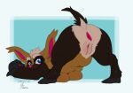 absurd_res anthro anus ass_up blue_eyes breast_squish breasts breasts_on_ground brown_body brown_fur butt countershading digital_media_(artwork) female fur genitals gremblun hair hi_res hooves lofiflavors looking_at_viewer looking_back mammal presenting presenting_hindquarters pussy simple_background smile smiling_at_viewer solo squish tail thick_thighs yogoat