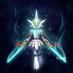 1:1 3_fingers 3_toes absurd_res anthro armor armor_plates artist_logo blue_sword cape clothing constellation dual_wielding dual_wielding_melee_weapons eyes_closed facing_forward feet fingers focusing gallade generation_4_pokemon glowing_sword green_body head_spikes hi_res holding_melee_weapon holding_object holding_sword holding_weapon humanoid knee_guards knight_armor logo male melee_weapon mouth_closed necktie night nintendo orez-suke pauldron pokemon pokemon_(species) power-up red_cape red_clothing red_necktie sir_gallade solo space spikes spikes_(anatomy) star sword sword_hilt toes weapon white_body wisps wrist_guards