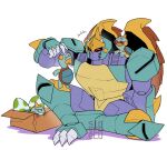 ambiguous_gender amused biting_hand blue_body blue_scales box buckteeth carrying_another chewtle claws container drednaw egg faceplate female feral generation_8_pokemon group hasbro head_spikes machine nintendo on_shoulders open_mouth orange_cheeks pokemon pokemon_(species) predacon red_eyes reptile robot scales scalie shell sidvenblu signature simple_background sitting size_difference skold_(transformers) spikes spikes_(anatomy) takara_tomy teeth transformers transformers:_beast_wars turtle watermark