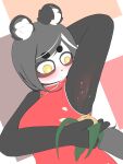 3:4 absurd_res armpit armpit_hair asian_clothing bear black_hair body_hair chinese_clothing chinese_dress clothing cooking dress east_asian_clothing female food giant_panda hair hi_res holding_food holding_object joupulee054 mammal solo yellow_eyes zongzi