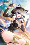  1girl aminww_amingming animal_ears black_gloves black_leotard blue_eyes breasts cat_ears cat_girl cat_tail cipher_(honkai:_star_rail) commentary_request day facebook_username fingerless_gloves gloves highres honkai:_star_rail honkai_(series) hood hood_up hooded_leotard instagram_username large_breasts leotard long_sleeves looking_at_viewer open_mouth outdoors pixiv_id solo tail twitter_username white_hair 