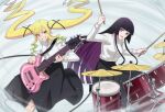 2girls aoki_shizumi black_hair black_skirt blonde_hair blunt_bangs blunt_ends breasts bright_pupils cable colored_inner_hair commentary_request dress_shirt drill_hair drill_sidelocks drum drum_set drumsticks electric_guitar feet_out_of_frame floating_hair gradient_hair green_hair grin guitar highres holding holding_drumsticks holding_guitar holding_instrument instrument kurogane_otoha long_hair long_skirt long_sleeves looking_at_another medium_breasts multicolored_hair multiple_girls music open_mouth playing_instrument purple_eyes purple_hair rock_wa_lady_no_tashinami_deshite shirt sidelocks skirt smile standing suzunomiya_lilisa twintails two-tone_hair v-shaped_eyebrows very_long_hair white_pupils white_shirt yellow_eyes 