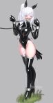  1girl absurdres animal_ears ankle_cuffs bdsm bit_gag black_leotard black_thighhighs blue_eyes bondage_mittens boots breasts chain chain_leash collar cuffs cuffs-to-collar fake_animal_ears fake_tail full_body gag gagged grey_background high_heel_boots high_heels highleg highleg_leotard highres hoof_gloves horse_ears horse_tail large_breasts latex latex_leotard latex_thighhighs leash leotard maguro27 metal_collar original pony_play ponytail saliva sex_toy shackles shiny_clothes skin_tight solo standing tail thigh_boots thighhighs trembling vibrator vibrator_in_thighhighs vibrator_under_clothes white_hair 