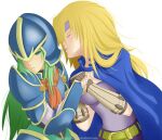  2girls armor bad_deviantart_id bad_id blonde_hair blue_cape blush breastplate breasts brown_gloves cape closed_eyes embarrassed fingerless_gloves fire_emblem fire_emblem:_radiant_dawn gloves green_eyes green_hair headband heather_(fire_emblem) helmet imminent_kiss medium_breasts multiple_girls nephenee_(fire_emblem) pauldrons purple_headband seraphim-silveran15 shoulder_armor upper_body yuri 