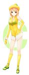  bra breasts c.c._lemon c.c._lemon_(character) can cleavage coffee-kizoku green_eyes hand_on_hip hat highres kneehighs looking_at_viewer medium_breasts orange_hair see-through short_hair smile solo standing underwear white_background yellow_legwear zipper 