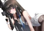 1girl absurdres animal_ear_hairband animal_ears ar-15 assault_rifle bare_shoulders bent_over black_hair black_pantyhose blue_necktie blunt_bangs blush bodystocking breasts commentary detached_collar dutch_angle fake_animal_ears fake_tail gigabani gun hairband highres holding holding_gun holding_weapon indie_virtual_youtuber large_breasts leotard looking_at_viewer mang_nae_(vtuber) necktie pantyhose playboy_bunny purple_eyes rifle simple_background small_breasts smile solo symbol-only_commentary tail thighs virtual_youtuber weapon white_background white_leotard wrist_cuffs 