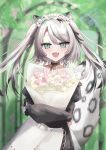  1girl animal_ears aqua_eyes aqua_hair aqua_streaks black_dress black_nails bouquet braided_sidelocks commentary_request cross-laced_clothes cross-laced_sleeves dress fang freedomman_hero frilled_straps fuzzy_clothes green_eyes grey_hair grey_tail highres hinamori_anthea holding holding_bouquet indie_virtual_youtuber long_hair looking_at_viewer maid multicolored_hair nail_polish open_mouth skin_fang snow_leopard_ears snow_leopard_girl snow_leopard_tail solo streaked_hair tail twintails virtual_youtuber 