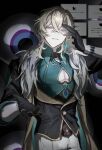  1boy absurdres aqua_shirt aventurine_(honkai:_star_rail) beckoning belt_collar black_background black_choker black_gloves blonde_hair blue_eyes bracelet choker collar collared_shirt crossed_bangs dark eyeball fur_trim gem gloves hair_between_eyes hand_on_own_head hashtag-only_commentary highres honkai:_star_rail honkai_(series) jewelry kashiko_0911 male_focus medium_hair multicolored_eyes multiple_rings neck_tattoo pants pectoral_cleavage pectorals purple_eyes raised_inner_eyebrows ring ringed_eyes roulette shirt smirk solo spade_cutout standing surveillance tattoo three-quarter_sleeves two-tone_eyes watch white_pants wolf_cut wristwatch 