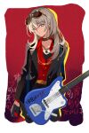  1girl black_choker black_gloves black_jacket black_pants border chinese_commentary chinese_text choker commentary_request cowboy_shot cropped_legs earclip electric_guitar eyewear_on_head fender_jazzmaster girls_band_cry gloves grey_eyes grey_hair guitar hair_between_eyes instrument jacket jewelry jhon_trick kawaragi_momoka long_hair looking_at_viewer multicolored_hair necklace pants red_background red_shirt roots_(hair) shirt solo sunglasses translation_request white_border 