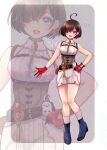  1girl ahoge asymmetrical_bangs atelier_(series) atelier_yumia black_hair blue_boots boots border breasts commentary commission dress english_commentary gloves grey_corset hand_on_own_hip highres large_breasts mole mole_under_eye multicolored_hair nonoworks one_eye_closed open_mouth outside_border parted_bangs partially_fingerless_gloves pencil_dress purple_eyes red_gloves red_hair short_hair smile solo standing streaked_hair stuffed_animal stuffed_bird stuffed_toy two-tone_hair watermark watermark_grid white_border white_dress yumia_liessfeldt 