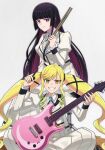  2girls anime_coloring aoki_shizumi black_hair blonde_hair blunt_bangs bright_pupils closed_mouth collared_shirt colored_inner_hair commentary_request drill_hair drill_sidelocks drumsticks electric_guitar gem gradient_hair green_brooch green_gemstone green_hair grin guitar highres holding holding_drumsticks holding_instrument holding_plectrum indian_style instrument jacket juliet_sleeves kurogane_otoha long_hair long_sleeves looking_at_viewer multicolored_hair multiple_girls plectrum prs_guitars puffy_sleeves purple_eyes purple_hair rock_wa_lady_no_tashinami_deshite shirt sidelocks simple_background sitting skirt smile suzunomiya_lilisa swept_bangs twintails two-tone_hair v-shaped_eyebrows very_long_hair white_background white_jacket white_pupils white_shirt white_skirt yellow_eyes 