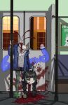  1girl artist_name black_hair black_horns black_nails black_thighhighs blood blood_drip blood_on_clothes blood_on_wall blood_splatter blue_jacket bonetaker2 braid decapitation elf elfinpsyop english_commentary green_eyes green_hair green_thighhighs grey_shirt guro highres holding_detached_head horns indie_virtual_youtuber jacket low_twin_braids mouse_(animal) multicolored_hair pointy_ears severed_head shirt slippers slowpoke standing streaked_hair striped_clothes striped_thighhighs thighhighs train_interior twin_braids virtual_youtuber window 