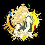 1girl black_background blonde_hair blue_eyes bow brother_and_sister flower hair_bow hand_on_another's_head hitobashira_alice_(vocaloid) holding_hands incest interlocked_fingers kagamine_len kagamine_rin kairi_(oro-n) looking_at_viewer parted_lips petals profile rose short_hair siblings smile twincest twins vocaloid 