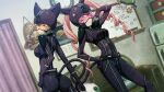  2girls akiha_rumiho akiha_rumiho_(chat_noir) amane_suzuha amane_suzuha_(chat_noir) animal_ears ass bell belt belt_around_waist belt_buckle black-framed_eyewear bodysuit braid breasts brown_hair buckle calendar_(object) cat_belt_buckle cat_ears cat_headgear chat_noir_costume_(steins;gate) clenched_teeth closed_curtains couch curtains drawing_board drill_hair dutch_angle fake_tail floating_hair future_gadget_lab game_cg gloves grin hair_tie hand_on_own_hip headgear helmet highres huke impossible_bodysuit impossible_clothes indoors latex latex_bodysuit long_hair looking_at_viewer medium_breasts multiple_girls narrowed_eyes neck_bell official_art one_eye_closed outstretched_arm parted_lips pink-tinted_eyewear pink_eyes pink_hair purple_bodysuit purple_gloves refrigerator ringed_eyes shiny_clothes shiny_lips shoulder_pads skin_tight smile smirk square_pupils star_(symbol) star_print steins;gate steins;gate:_linear_bounded_phenogram stuffed_animal stuffed_toy tail teeth tinted_eyewear tsurime twin_braids twin_drills twintails upa_(steins;gate) whiteboard yellow-tinted_eyewear yellow_eyes 
