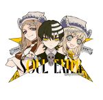  1boy 2girls :d alternate_skin_color aynm010330 black_hair blue_eyes blush_stickers chinese_commentary closed_mouth copyright_name crossed_arms death_the_kid elizabeth_thompson fang frown gun hat highres index_finger_raised long_hair midriff_peek multiple_girls pale_skin patricia_thompson portrait ringed_eyes short_hair skin_fang smile soul_eater split_mouth straight_hair striped_hair twitter_username weapon white_background yellow_eyes 