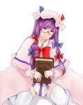  akitsuchi_shien bespectacled book bow dress glasses hair_bow hat long_hair patchouli_knowledge purple_eyes purple_hair ribbon smile solo touhou 