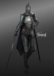  1girl absurdres armor armored_boots blue_cape boots breastplate cape chainmail covered_face dated_commentary faulds full_armor full_body gauntlets gradient_background grey_background hand_on_own_hip helm helmet highres holding holding_sword holding_weapon knife knight original plate_armor sheath shoulder_armor signature solo sonech sword throwing_knife weapon 