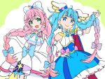  2girls alternate_hairstyle ascot bad_id bad_pixiv_id blue_bow blue_cape blue_dress blue_eyes blue_hair bow braid brooch cape center_frills closed_mouth commentary crown_braid cure_prism cure_sky cut_bangs detached_sleeves dress dress_bow earrings elbow_gloves fingerless_gloves frilled_dress frills glove_bow gloves gradient_hair green_eyes hair_bow hair_ornament hand_on_own_hip haruru_(dontacocon) hirogaru_sky!_precure holding holding_own_hair intertwined_hair jewelry layered_dress long_hair looking_at_viewer magical_girl medium_dress multicolored_hair multiple_girls nijigaoka_mashiro open_mouth pink_bow pink_hair precure puffy_detached_sleeves puffy_sleeves red_cape short_dress side-by-side side_braids single_sidelock sleeveless sleeveless_dress smile sora_harewataru standing streaked_hair twin_braids two-sided_cape two-sided_fabric two-tone_dress two-tone_hair very_long_hair white_ascot white_bow white_dress white_gloves wing_brooch wing_hair_ornament 