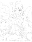  ahoge akane_yuki character_doll doll eating food greyscale hoshii_miki idolmaster idolmaster_(classic) long_hair monochrome nonowa onigiri sitting skirt solo takatsuki_yayoi 